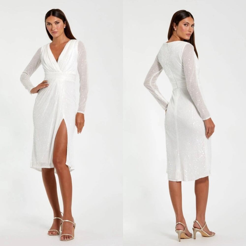 IEENA for Mac Duggal 26555 Sequined Long Sleeve Midi Dress Size 2 NWT $258 Bride